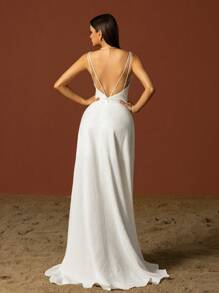 Simple Square Neckline Spaghetti Strap French Style Bridal Dress, Lightweight - White - View 3