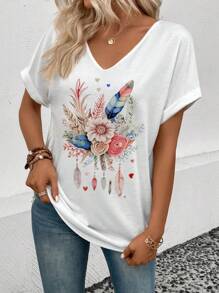 SHEIN LUNE 女士夏季花卉印花V領短袖休閒T恤 - 白色 - 查看 5