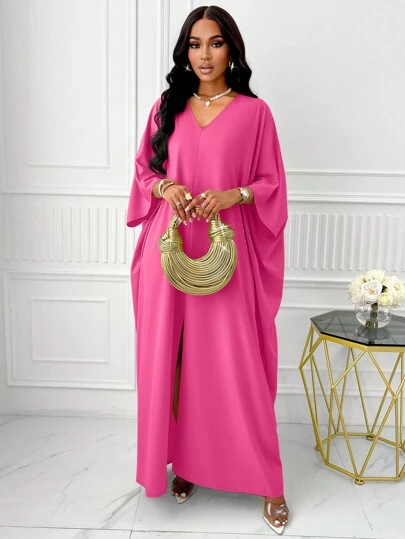 BIUBIU Plus Size V-Neck Batwing Sleeve Split Hem Dress, Summer