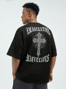 Manfinity VCAY Men's Summer Letter Cross Printed Round Neck Short Sleeve Casual T-Shirt