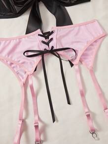 SHEIN Women Sexy Lace-Up Bow Decor Bra And Thong Set, With Garter Belt And Over Knee Stockings As Color-Contrasting Lingerie Party Costume