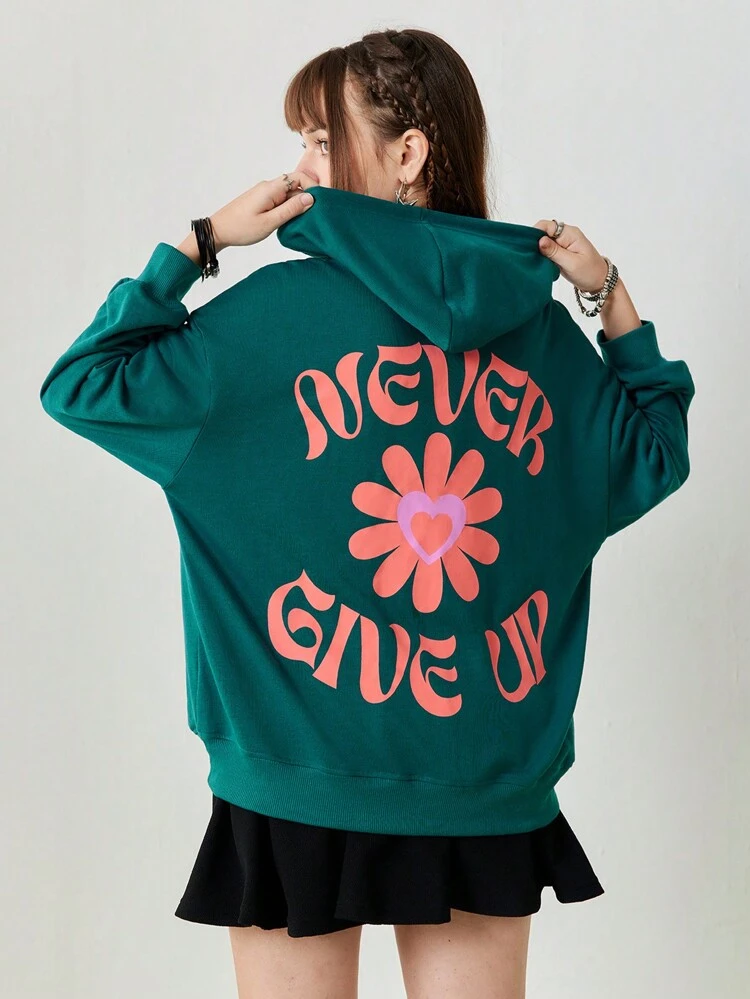 Women's Casual Long Sleeve Floral Letter Print Green Loose Hoodie