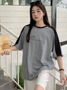 DAZY Slogan Print Colorblock Drop Shoulder T-Shirt HEARTEN LIFE IS MEANT TO BE ENJOYED AND WE SHOULD MAKE THE MOST OF EVERY MOMENT AND CHERISH THE PEOPLE AND EXPERIENCES THAT BRING US JOY SEIZE THE DAY - Grey - View 8
