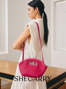 SHECARRY 時尚基本款PU編織女提手袋，適用於女士，適用於假期，適用於旅行，適用於夏季，編織袋，手編手提包，帶可調節肩帶，新款手提袋 - 玫紅色 - 查看 7