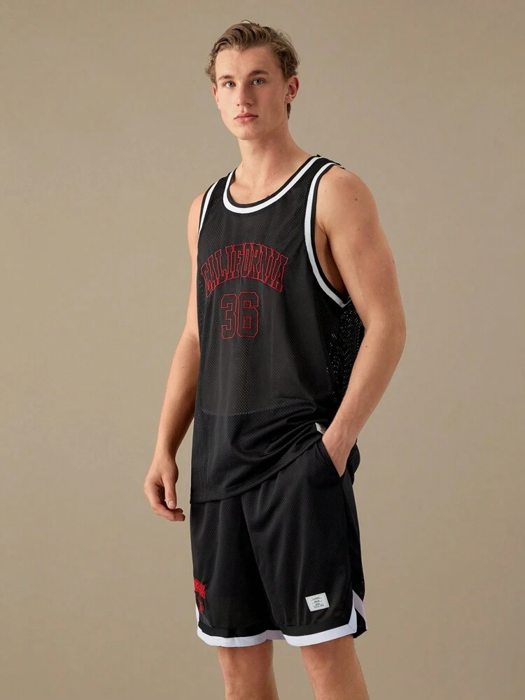 Men Embroidery Letter Ringer Tank Top & Shorts Set,Back To School