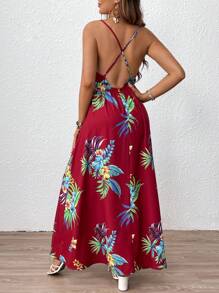 SHEIN Maternity Vacation Beach Tropical Floral Print High Waist Cross Backless Spaghetti Strap Dress - Burgundy - View 2