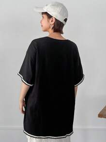 FRIFUL Women's Summer Loose Round Neck T-Shirt With Wide Sleeves And Cuff Splice Design