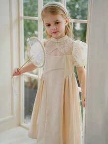 SHEIN Young Girl Woven Color Block Mesh Stand Collar Casual Dress - White - View 4