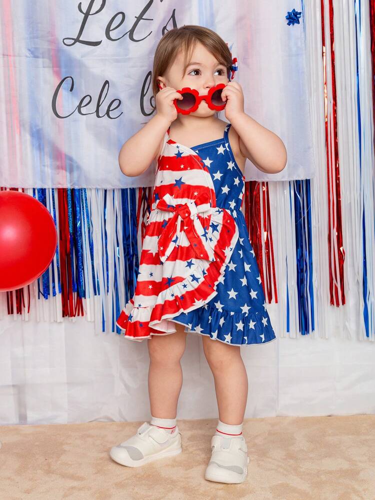 Baby Girls' Casual And Elegant Striped Star Pattern Patchwork Sleeveless Dress, Suitable For Independence Day In Spring And Summer