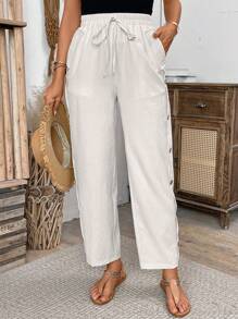 Breezaya Women's Plain Button Decoration Casual Pants With Pockets - Apricot - View 7