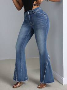 SHEIN SXY Women's Casual Jeans With Pocket Insert And Frayed Hem Design