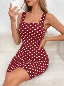 SHEIN Privé Đầm Bodycon cổ vuông ôm vừa vặn cho nữ - Đỏ và trắng - Xem 1