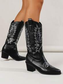 2025 秋冬女式刺绣粗跟 V 型时尚西部风踝靴、牛仔靴 - 黑色 - 查看 3