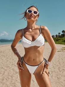 SHEIN Swim Women Summer Beach Vacation Contrast Trim Textured Bikini Set
