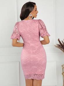 SHEIN Lady Vestido de encaje rosa para mujer con cuello redondo, mangas abullonadas y estilo ajustado - Rosa vieja - Ver 2