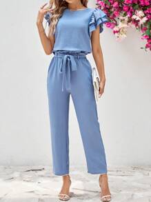 SHEIN Clasi Women's Round Neck Short Sleeve Shirt With Ruffle Trim And Detachable Belted Pants, 2pcs/Set