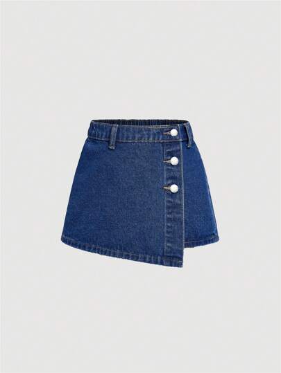 SHEIN Girlism Tween Girl Asymmetrical Button-Front Denim Skort In Light Blue, Perfect For Summer Vacation Y2K Style