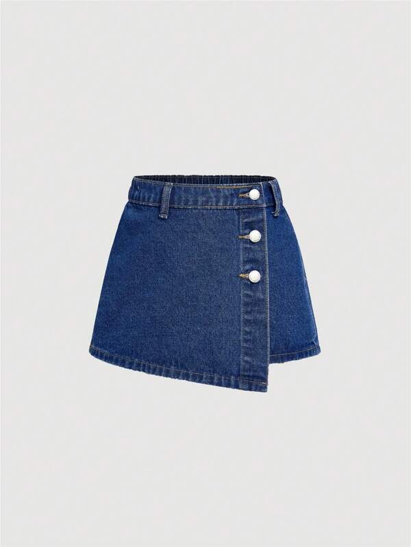 SHEIN Girlism Falda pantalón asimétrica de mezclilla con botones delanteros en azul claro, perfecta para el estilo Y2K de vacaciones de verano para niña preadolescente