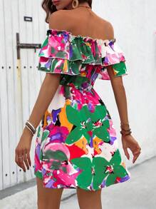 Breezaya Vestido con volantes en los hombros y borde, efecto tie-dye, con cinturón anudado, para vacaciones y playa, para mujeres