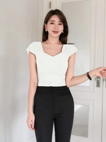 DAZY Áo thun crop top cổ vuông tay lửng mùa hè - Màu be - Xem 6