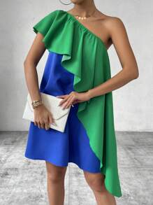 Calvaya Robe d'été asymétrique avec encolure en bloc de couleur et ourlet à volants