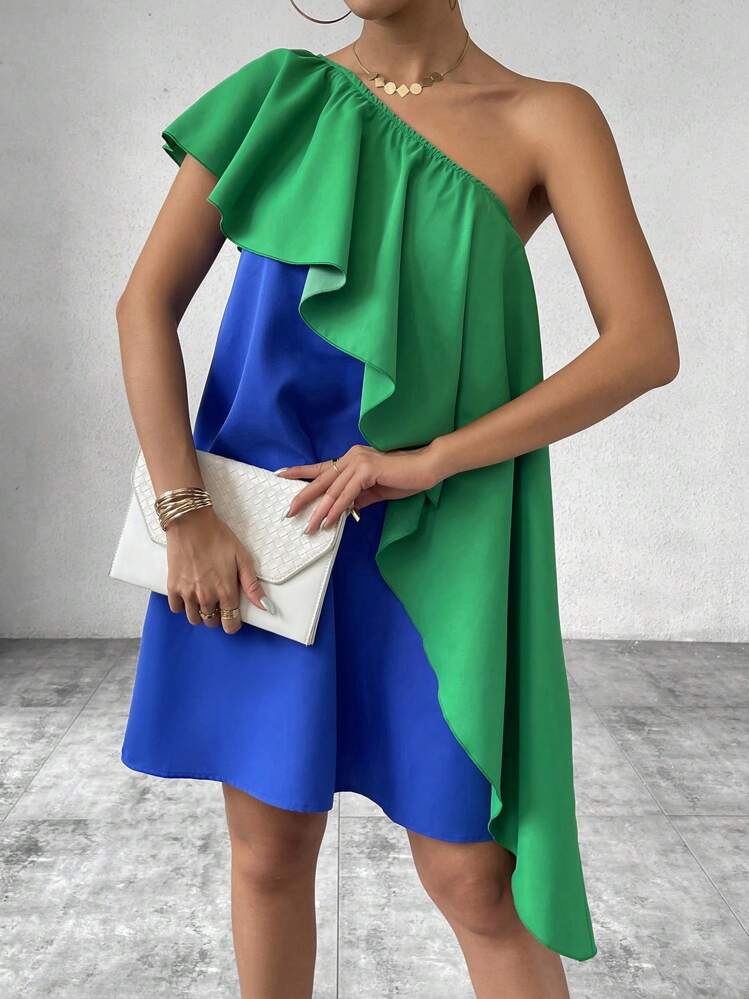 Chiquease Vestido asimétrico con cuello de bloque de color y dobladillo con volantes para verano - Multicolor - Añade 5