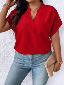 Plus Size Plain Color V-Neck Batwing Sleeve Simple Summer Shirt For New Year Clothes - Red - View 3