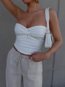 SHEIN Privé Elegant And Casual Short Style Milk White Tube Top With Twisted Front Design, Perfect For Holiday Parties - Beige - View 1