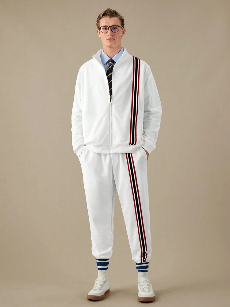 Men Contrast Tape Zip Up Jacket & Drawstring Waist Sweatpants,Back To School