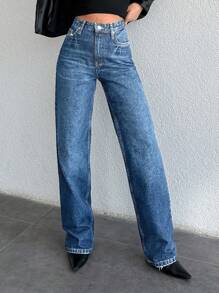 SHEIN Cottnline Women's High Waist Pockets Straight Leg Casual Versatile Jeans - Blue - View 5