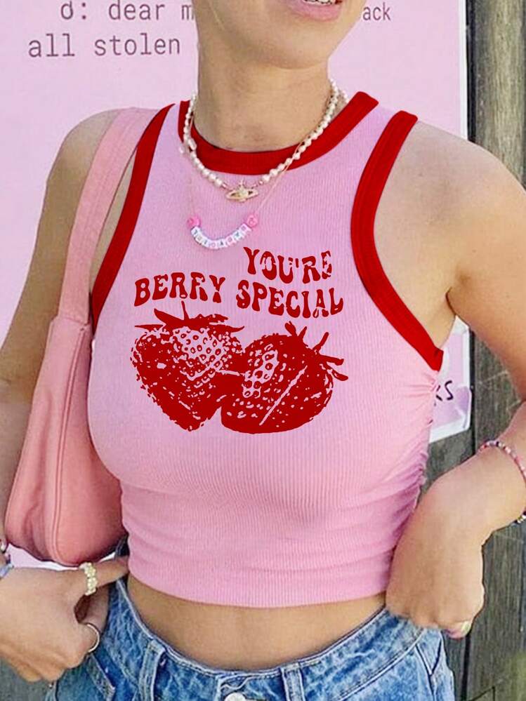 INAWLY Women's Simple Strawberry Printed Open Shoulder Top YOU'RE BERRY SPECIAL - Pink - View 4