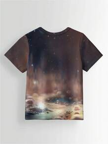 SHEIN Leap Crew Astronauts, Space, , Young Boy Casual Simple Space Cartoon Printed Short Sleeve Round Neck T-Shirt, Suitable For Summer - Multicolor - View 3