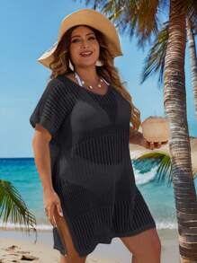 Swim Vcay Plus Size Women's Plain And Simple Daily Cover Up,Summer Beach - Black - View 3