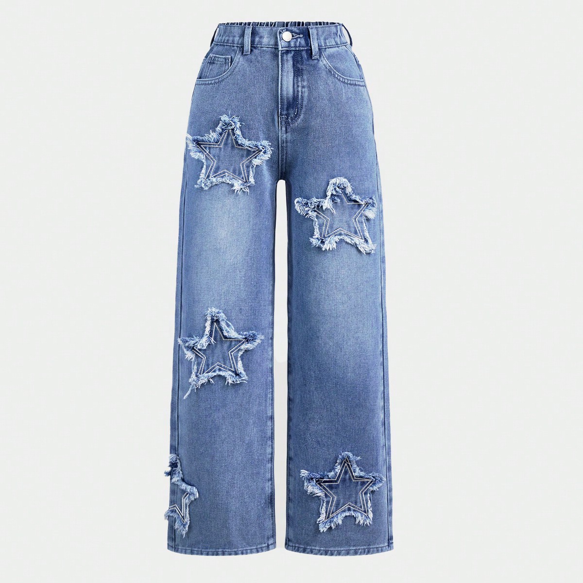Tween-Mädchen Y2K Frühling und Sommer Boho Star Patched Faded Frayed Boyfriend Baggy Straight Leg Denim Denim , Kinderkleidung Outfits - SHEIN - Modalova