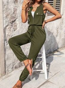 SHEIN LUNE Mono sin mangas de mujer, sencillo y unicolor, ideal para uso diario - Verde militar - Ver 4