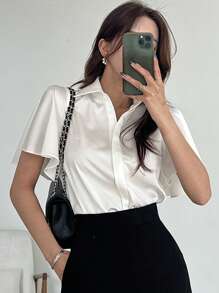 DAZY Camicetta in chiffon con fiocco al collo, di colore tinta unita, adatta per l'estate e l'ufficio, abbigliamento casual elegante per donne