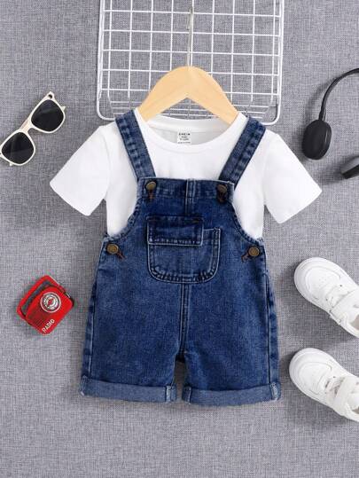 嬰兒男孩休閒復古洗水兜襟牛仔背帶褲連體褲，嬰兒男孩春夏裝