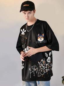 Men's Summer Casual Cartoon Letter Print Drop Shoulder Oversized T-Shirt - Black - View 2