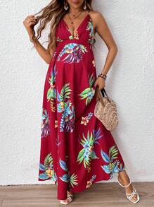 SHEIN Maternity Vacation Beach Tropical Floral Print High Waist Cross Backless Spaghetti Strap Dress - Burgundy - View 6