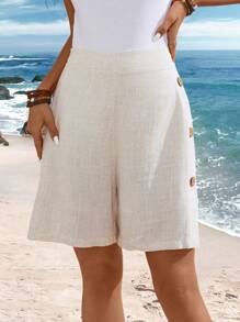 Sylviya Women's Summer Casual Country Style Button Linen Shorts - Khaki - View 2