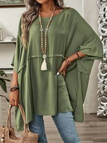 EMERY ROSE Women's Summer Solid Color Round Neck Batwing Sleeve Loose Casual Shirt - Green - View 6