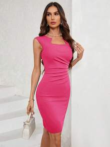 SHEIN Clasi Váy hàng ngày có viền xếp li màu trơn đơn giản dành cho nữ - Màu Hồng Tươi - Xem 4