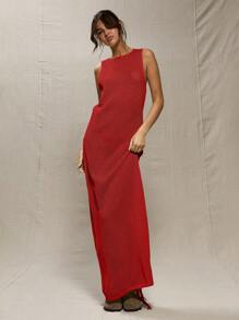 MUSERA Vestido largo de manga larga tejido a crochet en rojo - Rojo - Ver 2