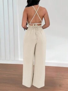 Mono de Navidad sexy para mujer con tirantes finos, escote profundo en V y espalda cruzada en unicolor de Vaiaye - Albaricoque - Ver 5