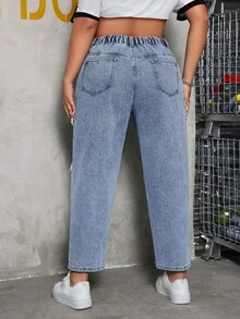 CovetEZ Plus Size Solid Color Distressed Denim Jeans With Pocket And Button - Light Wash - View 2