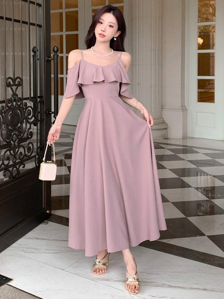 Women's Summer Elegant Solid Color Open Shoulder A-Line Dress With Waist Belt, Birthday ,New Year Eve Prom Dress,Ruffle