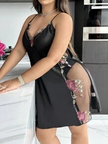 SilkySpell Robe de nuit sexy en imitation soie avec fente latérale haute, broderie et dentelle, grande taille