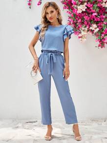 SHEIN Clasi Women's Round Neck Short Sleeve Shirt With Ruffle Trim And Detachable Belted Pants, 2pcs/Set