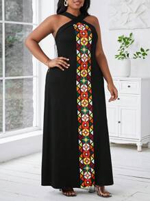 SHEIN Lady Sukienka plus size z nadrukiem, bez rękawów, wiązana na szyi, elegancka na imprezy i wyjścia, wyszczuplająca, idealna na lato, festiwal, koncerty muzyki country, wysokie kobiety