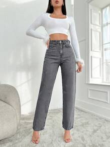 SHEIN Cottnline Jeans De Mujer Con Cremallera Y Trabillas Con Botones - Gris - Ver 5